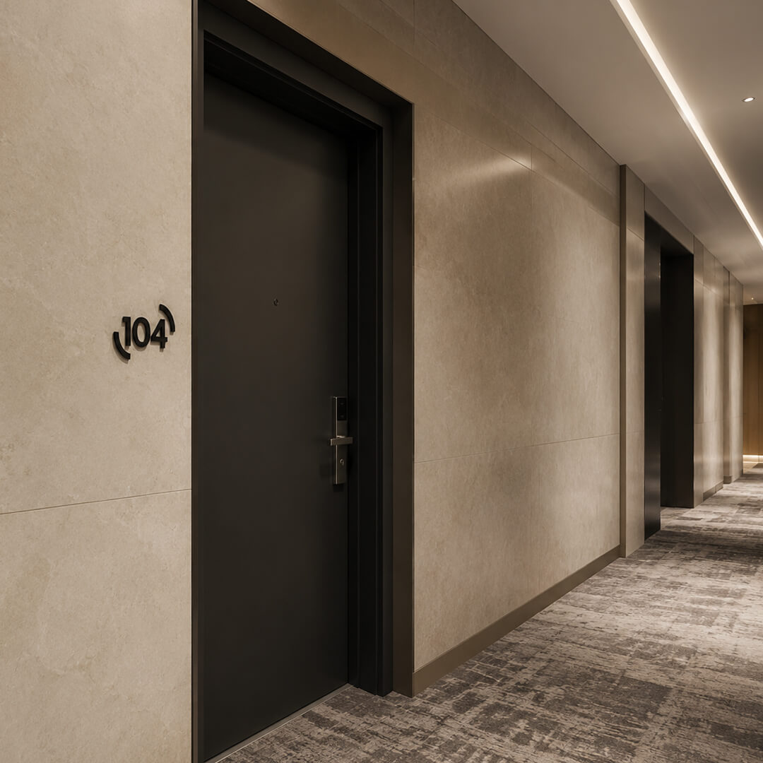 czarna numeracja w nawiasie w korytarzu hotelowym