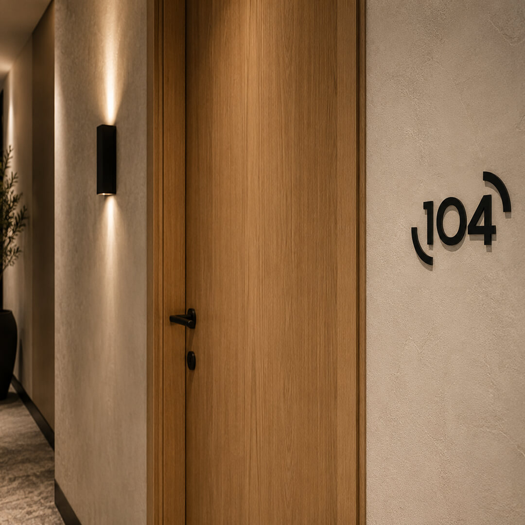 zastosowanie czarnej numeracji we wnętrzu hotelu